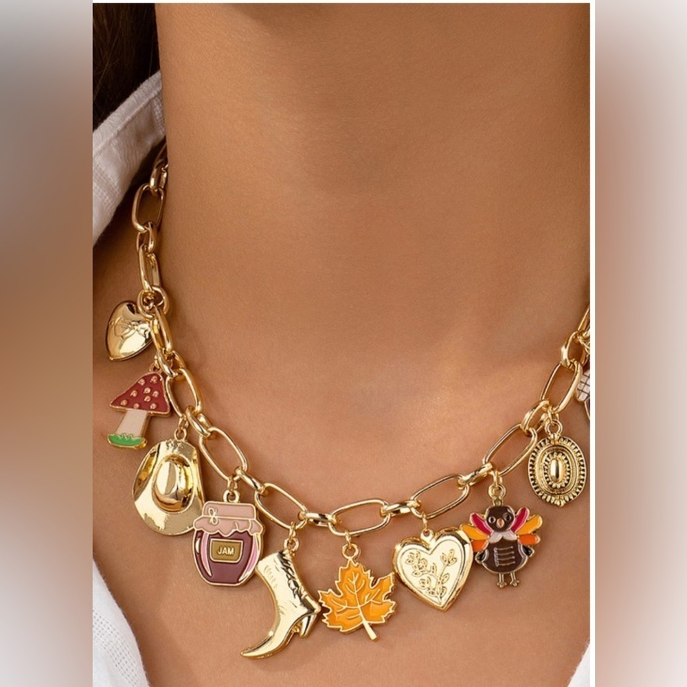 Gold Charm Necklace with Autumn Accents
